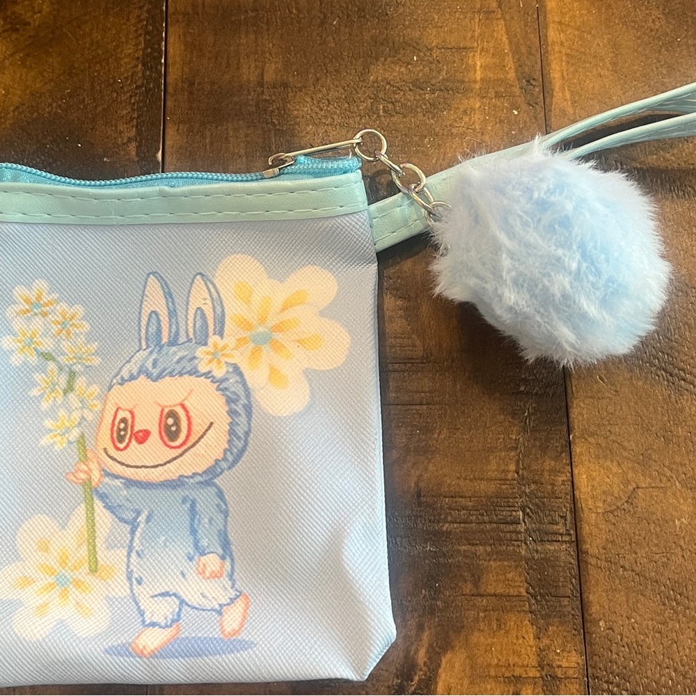 Cute Blue Labubu Coin Pouch with Floral Art Bag Purse - Picture 3 of 4